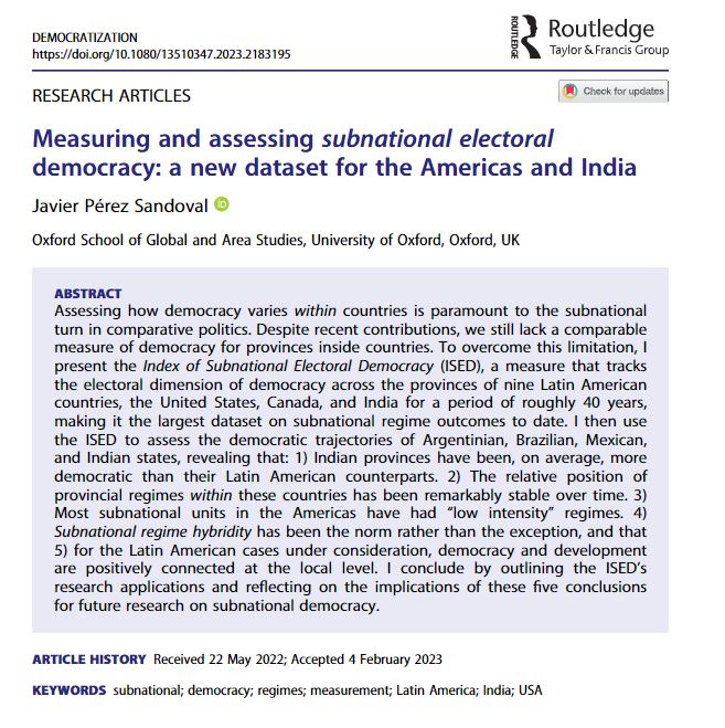 @bernaerts_kamil @benjamin_blanck The best ECR article by @javierpsandoval introduces the Index of Subnational Electoral Democracy (ISED) to measure democracy at provincial level in 12 countries over 40 yrs. It shows patterns of democracy, stability + hybridity in subnational regimes. 3/4 tandfonline.com/doi/full/10.10…
