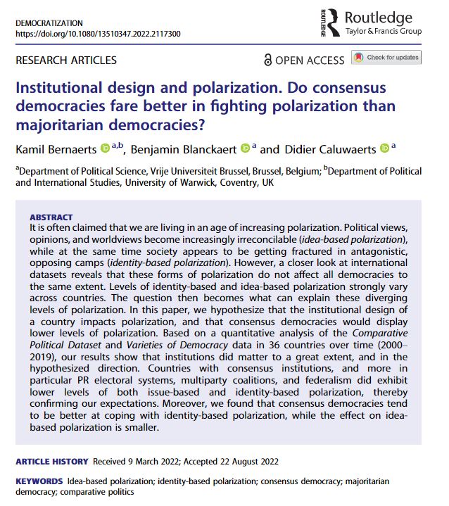In the winning article, @bernaerts_kamil @benjamin_blanck & D Caluwaerts show that polarization varies across democracies, attributing lower polarization levels in consensus democracies to PR electoral systems, multiparty coalitions, and federalism. 2/4 tandfonline.com/doi/full/10.10…