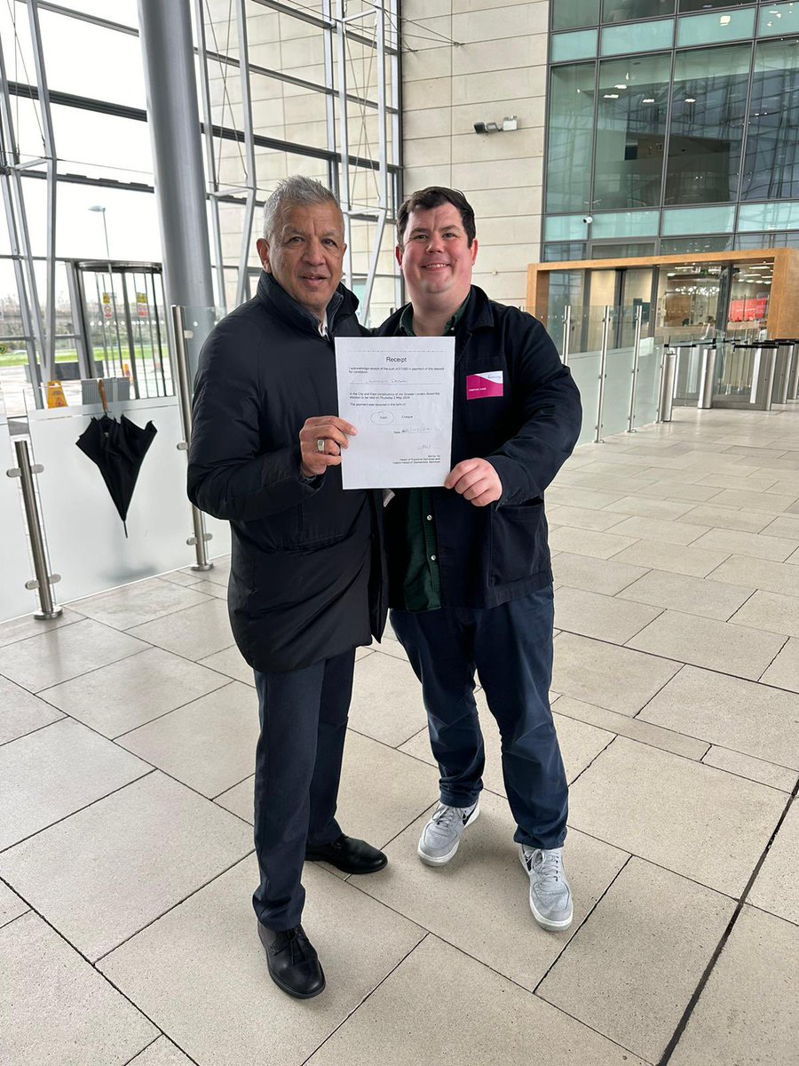 Official! Papers submitted by my agent, Adam Allnutt, and I am now @UKLabour @CoopParty London Assembly City and East constituency candidate seeking to earn again the privilege of representing an area that has shaped me over more than four decades. From, for and of East London!