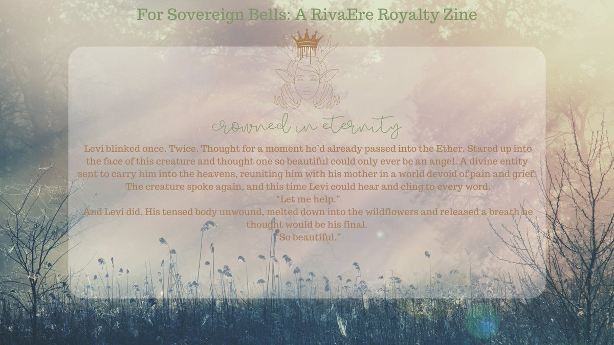 ahh, i'm so excited to finally post my piece for the SFW section of Sovereign Bells, <a href="/RivaereZine/">Sovereign Bells: A Rivaere Zine-Preorders Closed</a> !! you can find the STUNNING art for it by <a href="/Marsmachtfett/">Fio| Inactive</a> !! i hope you enjoy🥹💚💚💚

leftover sales are still open here >> sovereignbells.bigcartel.com

AO3: archiveofourown.org/works/54656815