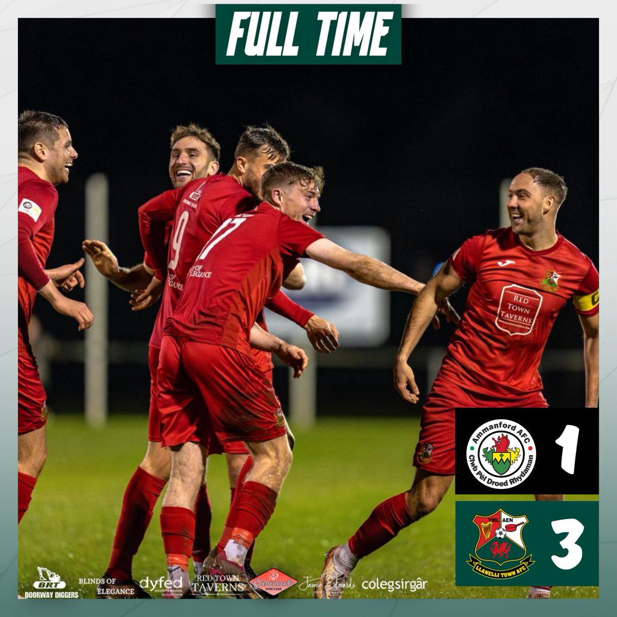 LlanelliReds's tweet photo. ⚽️ FULL TIME 

⚫️ Ammanford 1-3 Llanelli Town 🔴

A BIG three points away from home on derby day! ⚔️

Goals from Sean Cronin and Joe Hopkins!

#RedTown 🔴 https://t.co/fCOtZWMx7Z