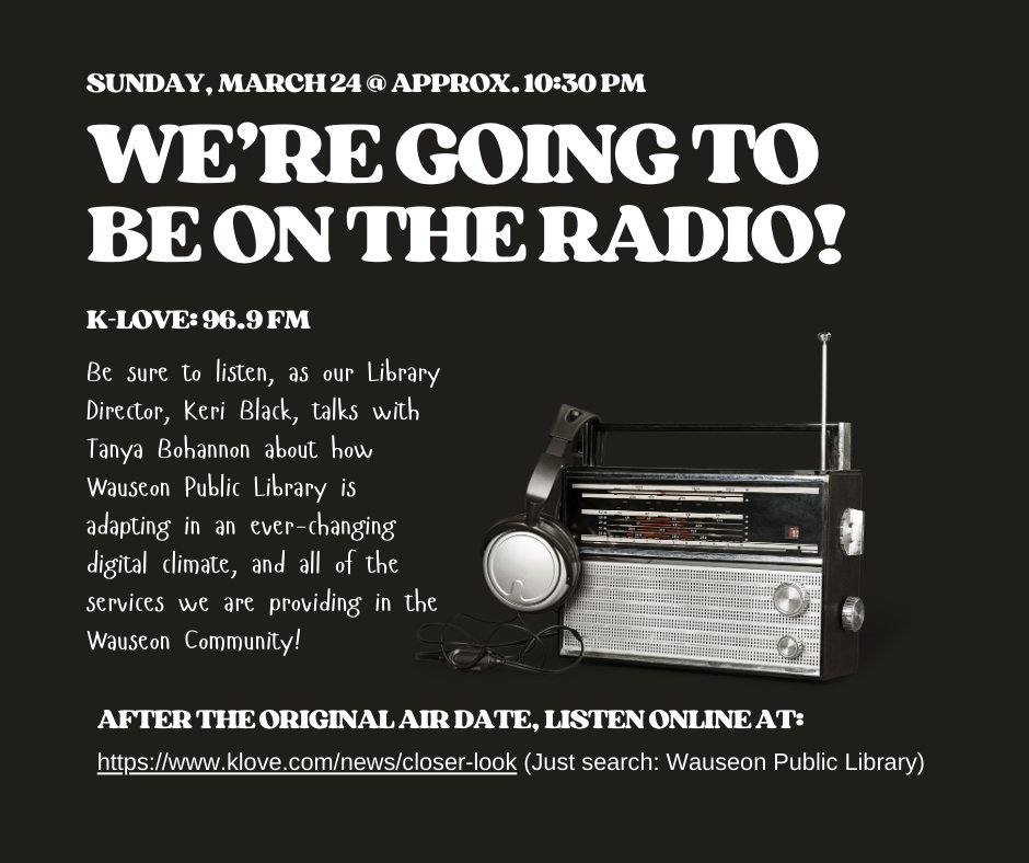LibraryWauseon's tweet image. Our Director will be featured on K-LOVE 96.9 this-coming Sunday, 3/24/24, at approximately 10:30PM! If you prefer to listen at another time, the interview will be available online at klove.com/news/closer-lo… after the segment first airs. Just search for Wauseon Public Library!