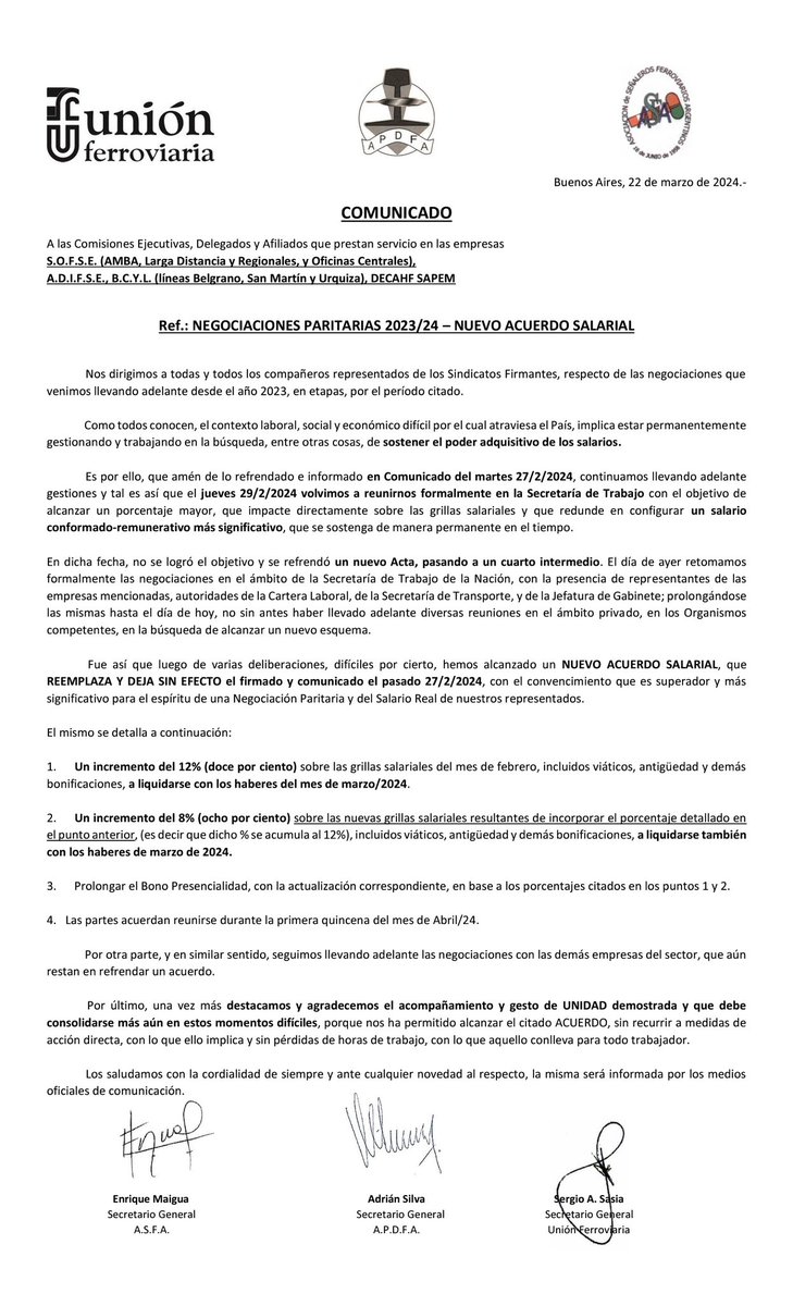 COMUNICADO DE PRENSA: A las Com Ejec, Deleg y Afil que prestan servicio en las empresas S.O.F.S.E. (AMBA, L Distancia y Regionales, y Oficinas Centrales), A.D.I.F.S.E., B.C.Y.L. (líneas Belgrano, San Martín y Urquiza), DECAHF SAPEM: PARITARIAS 2023/24 – NUEVO ACUERDO SALARIAL