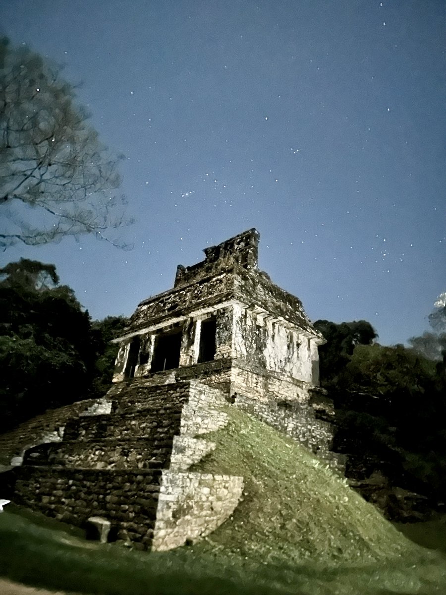 Another inspired photo by my wife Santha Faiia showing the Temple of the Sun at Palenque, Mexico, lit only by moonlight with the constellation of Orion overhead. Such a privilege to have been at this magical place for the Equinox.