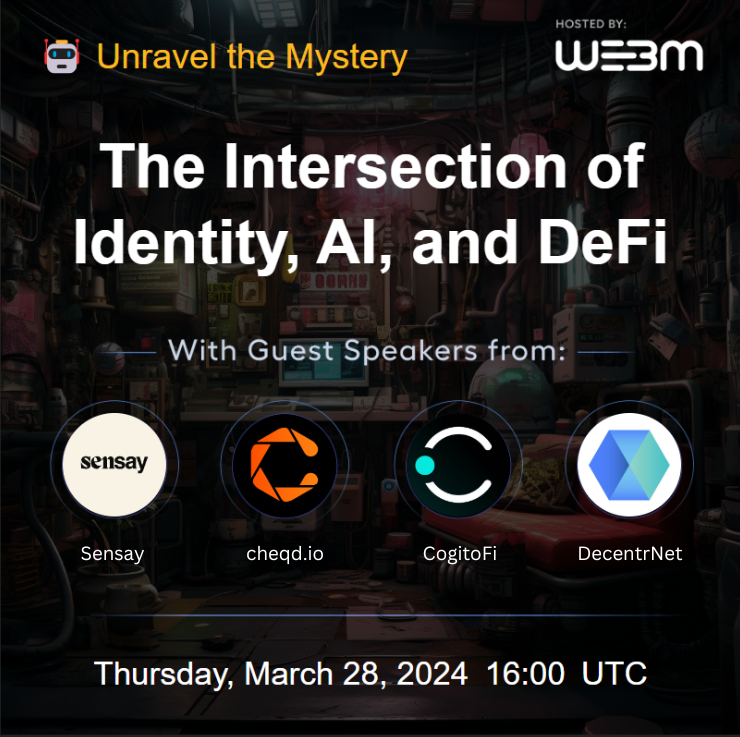 🚨 Space Alert 🚨 🤖Unravel the Mystery - The Intersection of Identity, AI, and DeFi 📅March 28th, 4:00 pm UTC Special Guests: ⭐@cheqd_io ⭐@asksensay ⭐@CogitoFi ⭐@DecentrNet Join here: twitter.com/i/spaces/1mrGm…