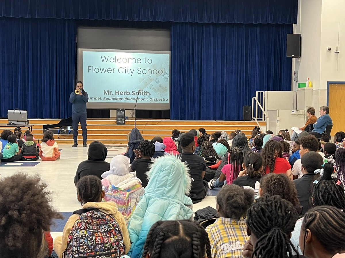 An ENORMOUS thank you to Herb Smith for stopping by Flower City School this afternoon to teach our students about your career as a musician and to share your music with us! Our kids were captivated by your playing and stories!

#MIOSM  #ONErcsd
@herbtrumpet @rocphils