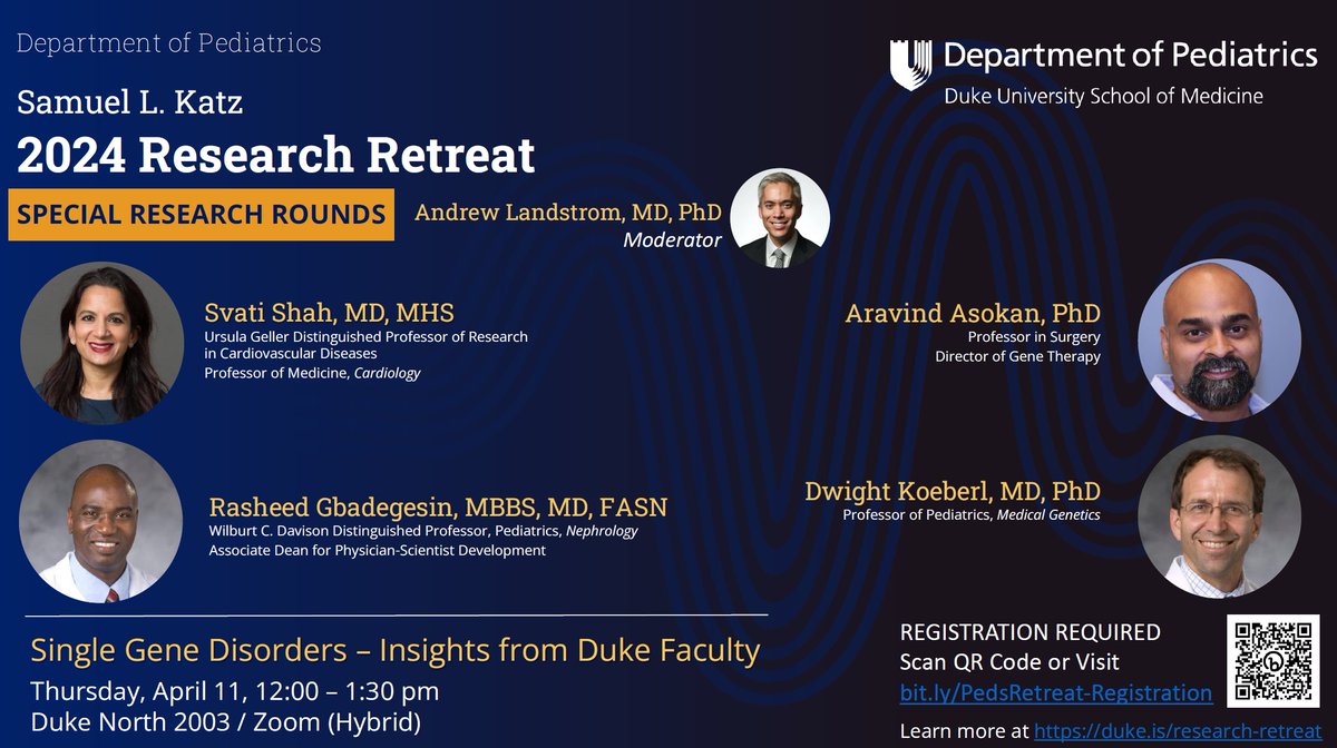 Join us on Day 3 of our #ResearchRetreat, Apr 11, 12-1:30p for a panel discussion on ‘Single Gene Disorders – Insights from Duke Faculty’. Learn about the latest breakthroughs, challenges, and complexities in the field. Mark your calendars! duke.is/research-retre… @Duke_Childrens