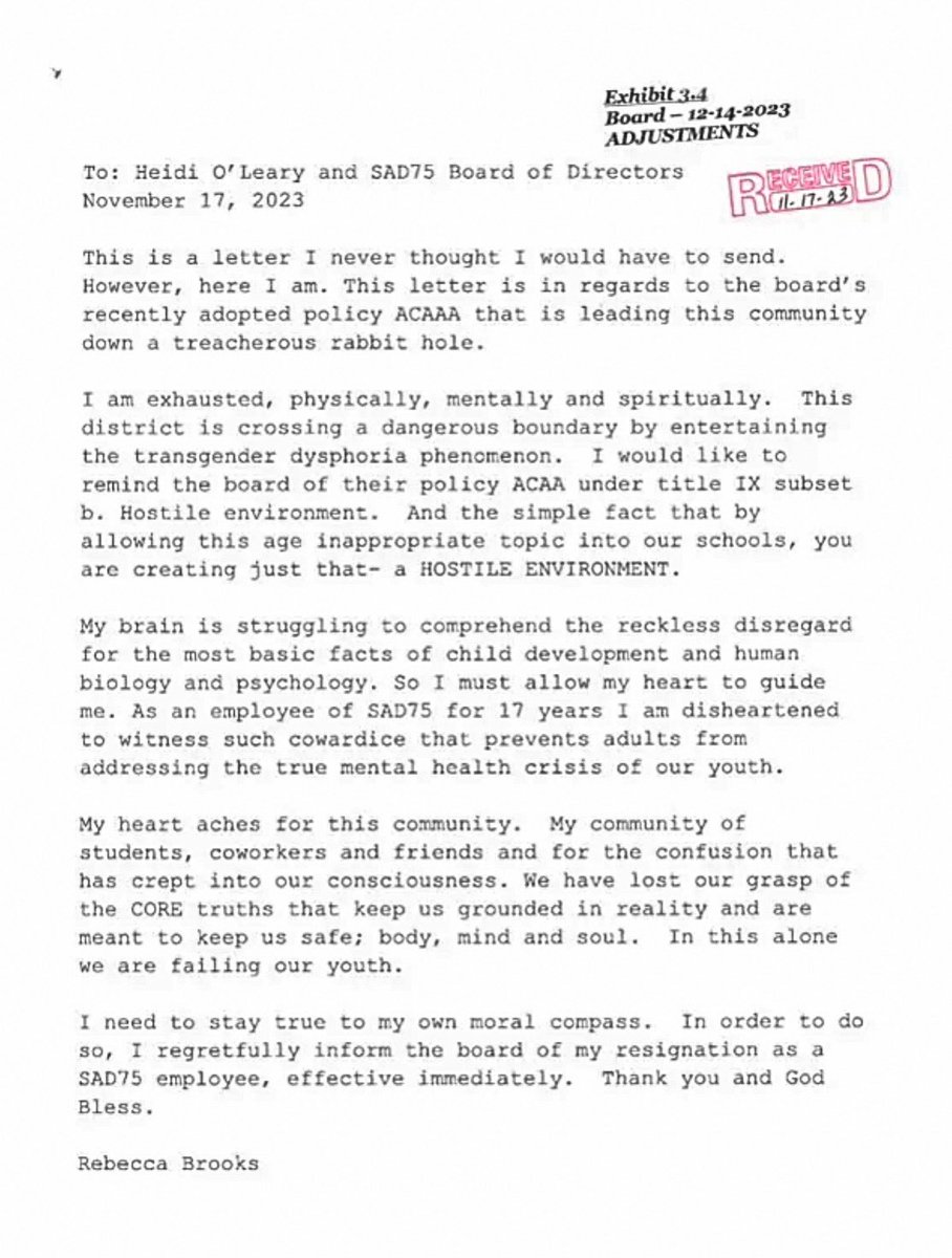 ShawnMcBreairty's tweet photo. MSAD75, Topsham, ME teacher Rebecca Brooks resigned in November due to being “…exhausted, physically, mentally and spiritually. This district is crossing a dangerous boundary by entertaining the transgender dysphoria phenomenon.”

She’s raising awareness of this issue again by collecting and submitting over 300 petition signatures to the district, working to protect the First Amendment rights of all students.  

“With this policy (ACAAA) every student from elementary to high school is required to conform to an individual's preferred pronoun ideology.”

We need more teachers in Maine to fight back against these perverse, political ideologies being pushed inside our public schools.   

“I know it may seem like an uphill battle we are facing. Let me simply say that this was not for nothing. Regardless of the outcome, we have brought awareness to our citizens and maybe by some small measure created a spark of civic duty relating to the potential fate of our education system. Stay strong warriors and again thank you so much.

Rebecca Brooks”

#StandUpTeachers 
#PullYourKidsNow