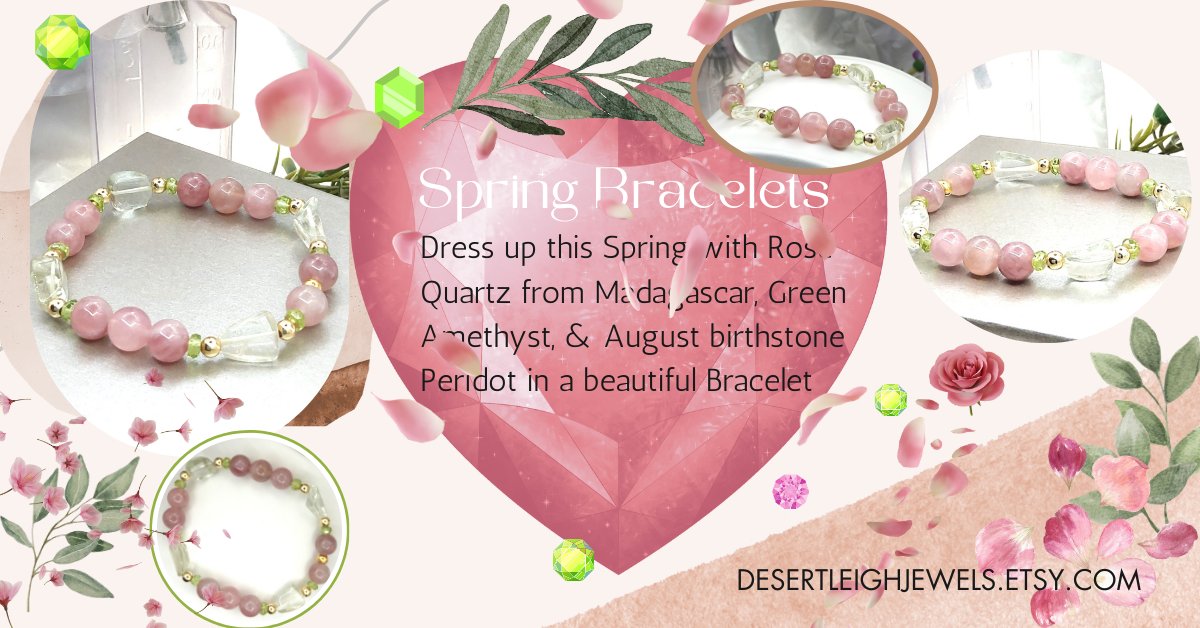 Spring Bracelets! Get yours in time for Easter!
desertleighjewels.etsy.com (Free Sizing)
#springbracelets #gemstonejewelry #rosequartz #peridot #greenamethyst #goldfilled #giftideasforwomen #etsyshop #braceletshop #stretchbracelets #claspoptions #custommadejewelry