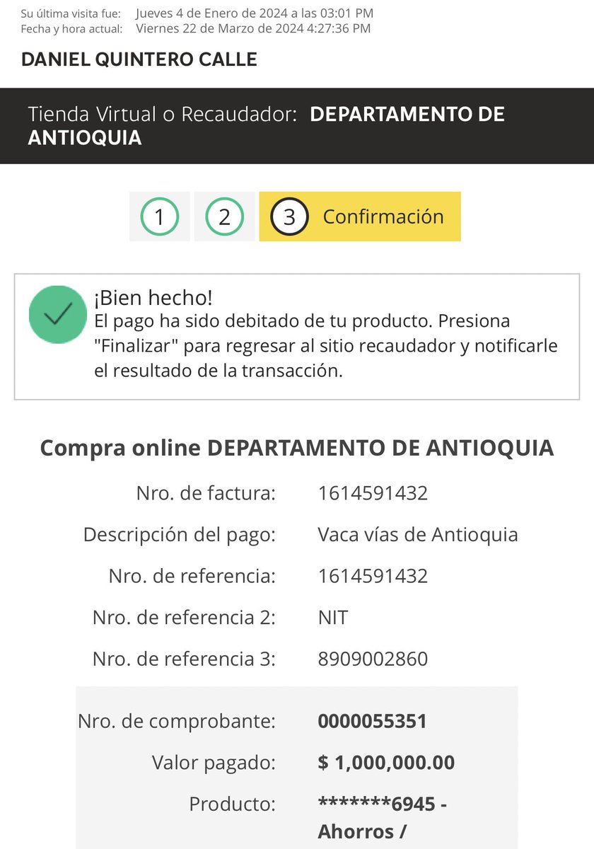 QuinteroCalle's tweet photo. 🚨 Acabo de consignar el millón de pesos que pidió Uribe para pagar las vías 4G. Exijo lo siguiente:
✅ Que no tenga peajes. 
✅ Que pongan más plata quienes tengan más de 1000 hectáreas y se les va a valorizar la tierra al doble o triple. (Los Uribe, los Cossio, los Ramos)
✅ Que no se roben la plata. 

Nota: Como Alcalde pusimos 300 mil millones al proyecto. Se les debería caer la cara de vergüenza andar pidiéndole más plata a la gente. Hidroituango está funcionando: ¿Qué están haciendo con la plata?