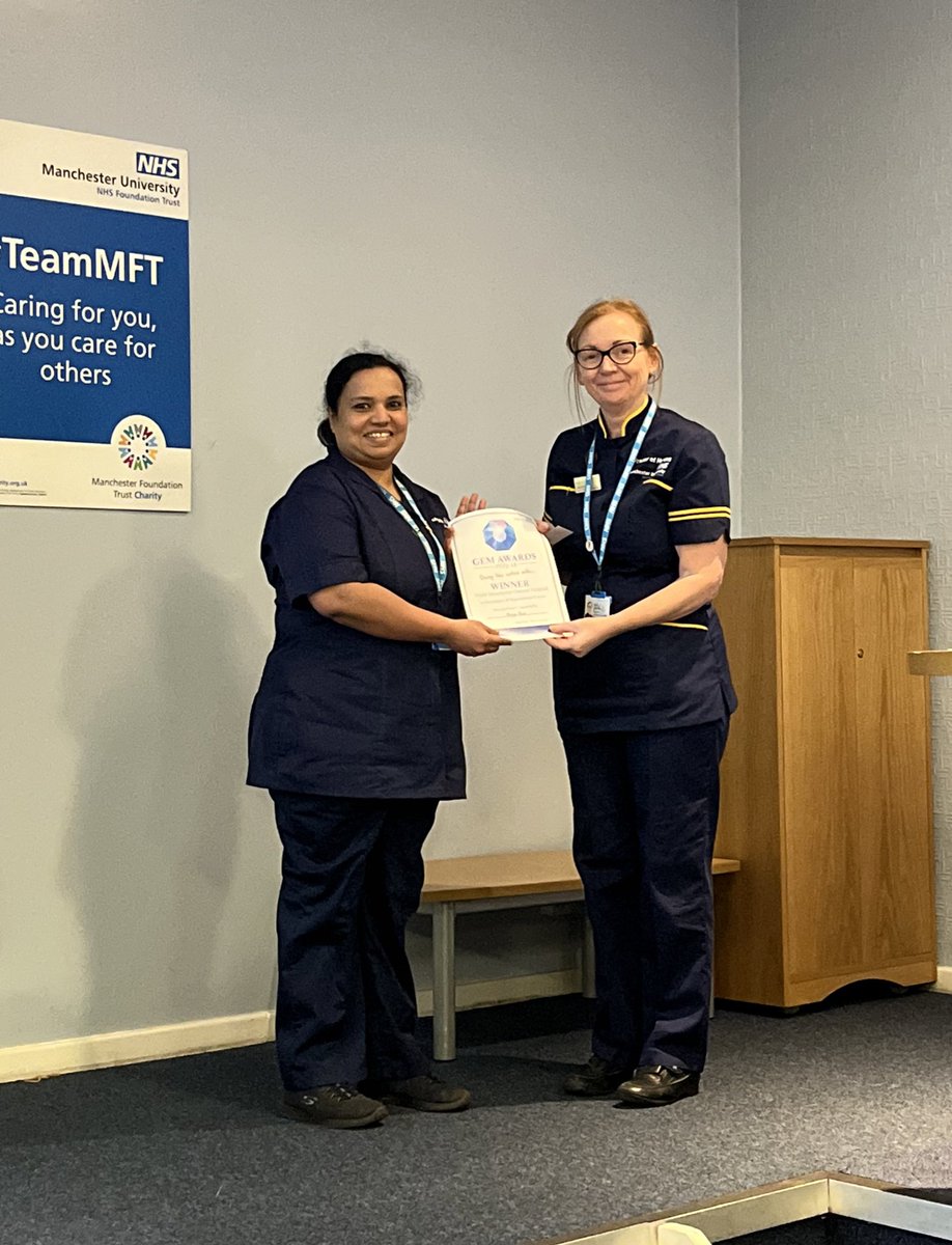 Very proud of our Going the Extra Mile (GEM) Awardees for @NorthMcrGH_NHS Professional Excellence - Mary Fitzgerald (J3/J4) Employee Wellbeing - @sabah786n (C3) Organisational Culture - Maya Nair (ED) @DArmstrong70 (1/2)