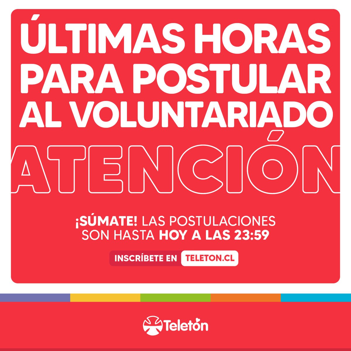 ¡Atención! Quedan solo horas para que se cierren las postulaciones al Voluntariado Teletón❤️ Revisa los requisitos de postulación en nuestro enlace del perfil o también puedes acceder directamente al formulario desde bit.ly/voluntariadote… 🤩