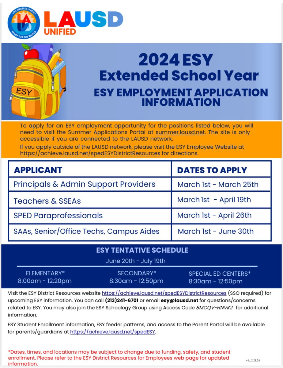 Apply for ESY today! ⁦@LAUSD_ChiefSped⁩ ⁦@JSoto_LAUSD_DSE⁩