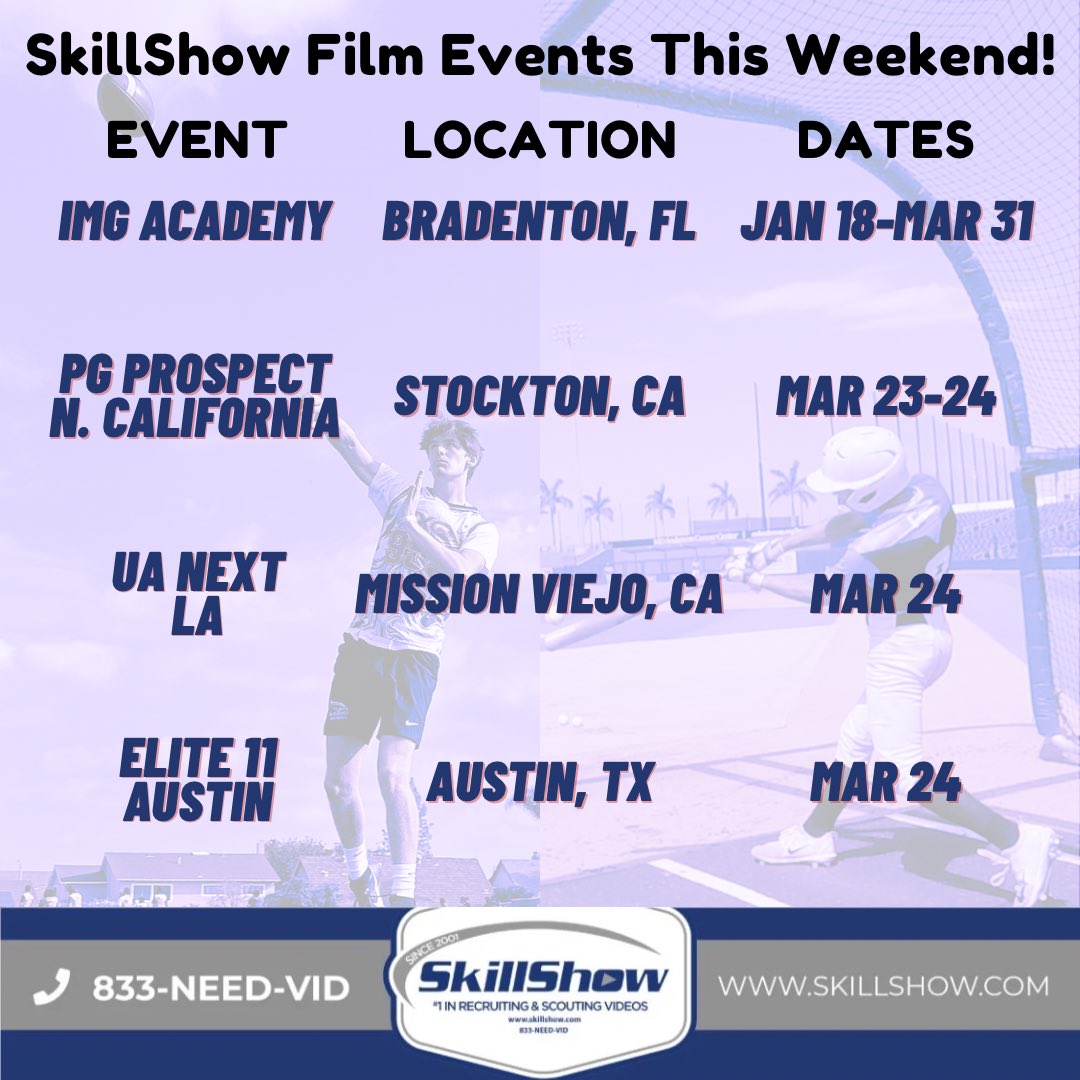 The grind continues this weekend with another slate of great events! Drop a comment below if you’ll be attending any of these events! ⬇️ Thank you to our partners: 🤝 @PerfectGameUSA @UANextFootball @Elite11 #ShowYourSkills #football #baseball #sports #film #event #skills