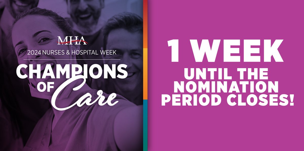 ONLY 1 WEEK LEFT TO NOMINATE #MoHospitals ✨Champions of Care!✨ Help us recognize an individual or a team who goes above and beyond every day, and tell us why they are a champion of care: web.mhanet.com/champions-of-c… Nominations will be accepted until Friday, March 29 at midnight.