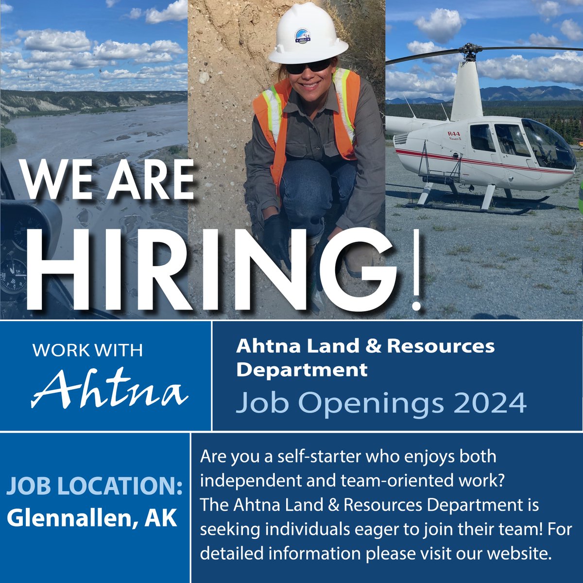 We are hiring! Ahtna Land and Resources Department has a number of full-time and seasonal job opening available. For more information, please call (907) 822-3476 or visit our website: ahtna.com/careers