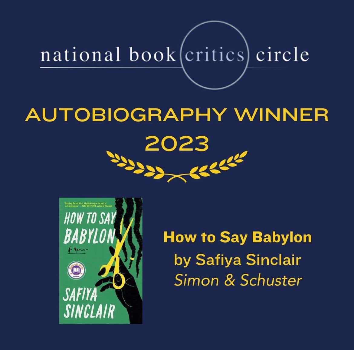 Aevitas Creative (@aevitascreative) on Twitter photo Beyond proud of <a href="/SafiyaSinclair/">Safiya Sinclair</a> and this extraordinary book. HOW TO SAY BABYLON wins the 2023 <a href="/bookcritics/">National Book Critics Circle</a> award for autobiography!
Another round of applause for Safiya and the team at <a href="/SimonBooks/">Simon & Schuster</a>. 💚✨ Beyond proud of <a href="/SafiyaSinclair/">Safiya Sinclair</a> and this extraordinary book. HOW TO SAY BABYLON wins the 2023 <a href="/bookcritics/">National Book Critics Circle</a> award for autobiography!
Another round of applause for Safiya and the team at <a href="/SimonBooks/">Simon & Schuster</a>. 💚✨