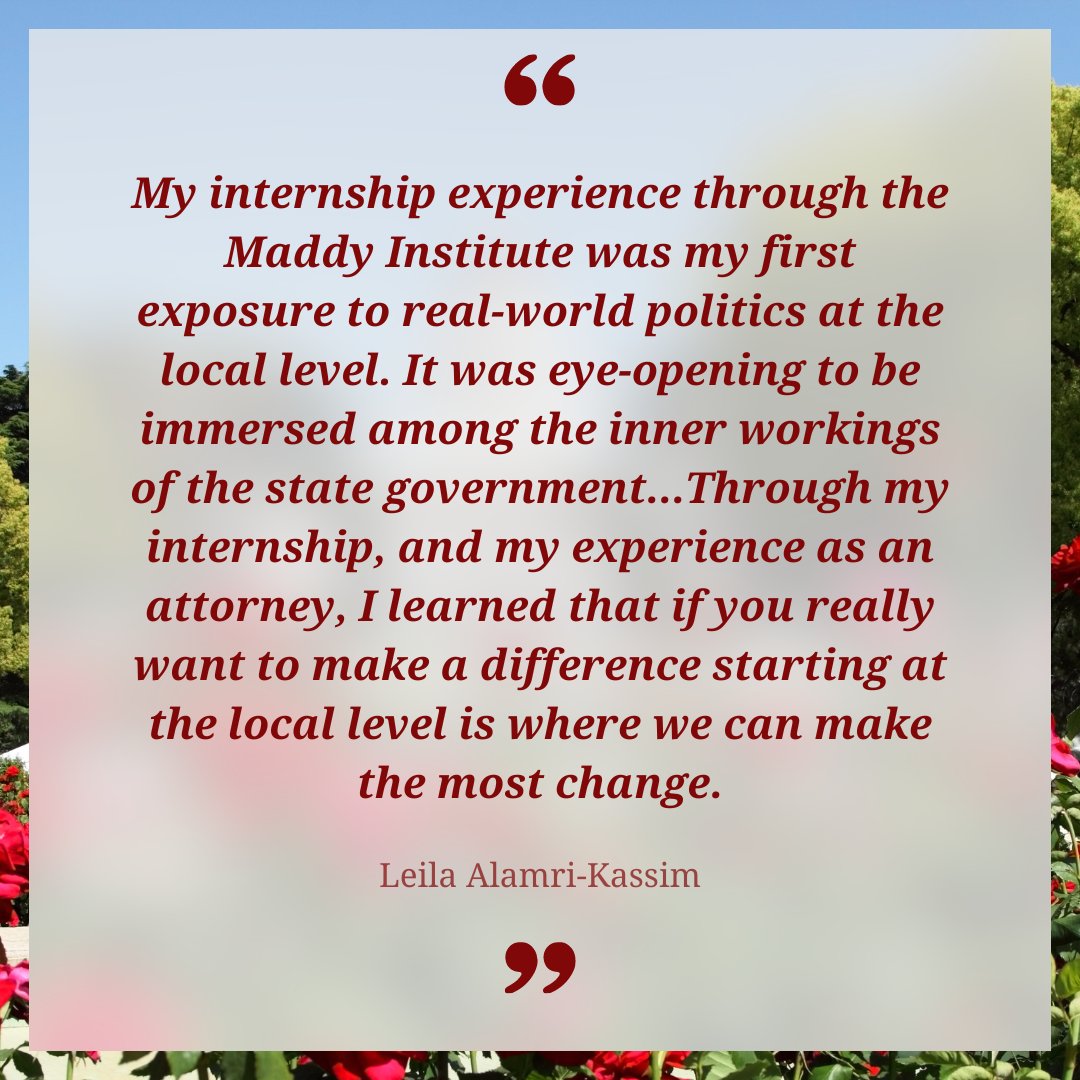 🌟 Alumni Spotlight 🌟 Leila Alamri-Kassim is a Maddy alumna who interned for former CA State Senator Dean Florez in 2010. She is a Lecturer for the Women, Gender & Sexuality Studies Department at @Fresno_State. Join us in celebrating the achievements of our remarkable alumni!