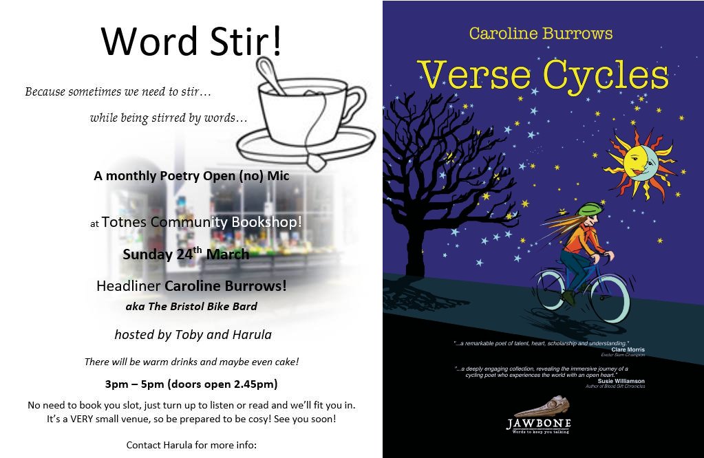 VerseCycle's tweet photo. Sunday 24th March 3-5pm #Totnes, Word Stir in Castle Books I'll be headlining along at the bookshop's poetry free event. Copies of my new collection Verse Cycles will be available to buy #poetry #openmic #poetry #versecycle #versecycles #carolineburrows #poetontour #spokenword https://t.co/EVq2X3ygWS