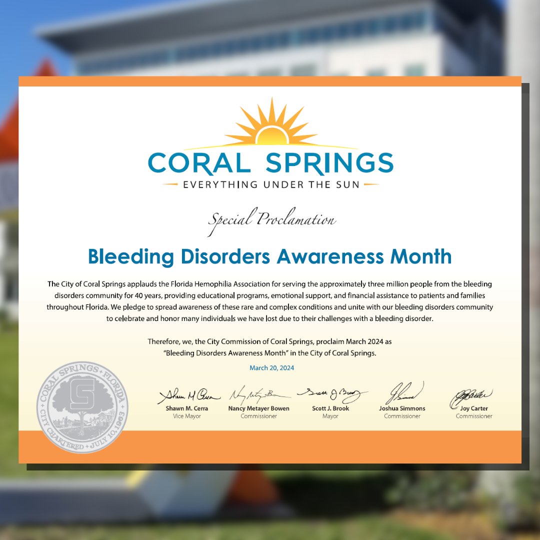 FLHemoAssoc's tweet image. Thank you to @MayorBrookcs and @CoralSpringsFL for recognizing March 2024 as Bleeding Disorders Awareness Month with this proclamation! 🩸

#BDAM2024 #BleedingDisordersAwarenessMonth #bleedingdisorders #hemophilia #vwd