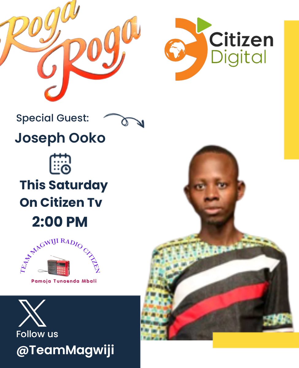 Team Magwiji (@teammagwiji) on Twitter photo Catch Some Team Magwiji members as they take the stage on Citizen TV's Rogaroga show this Saturday! Don't miss the excitement! 📺🎉 #TeamMagwiji #Rogaroga #CitizenTV
<a href="/Simon__Wandera/">Simon Wandera</a> <a href="/Kawawaz/">Nelson kawawa</a> <a href="/GeorginaNjogu/">Gina 🇰🇪</a> <a href="/citizentvkenya/">Citizen TV Kenya</a> Catch Some Team Magwiji members as they take the stage on Citizen TV's Rogaroga show this Saturday! Don't miss the excitement! 📺🎉 #TeamMagwiji #Rogaroga #CitizenTV
<a href="/Simon__Wandera/">Simon Wandera</a> <a href="/Kawawaz/">Nelson kawawa</a> <a href="/GeorginaNjogu/">Gina 🇰🇪</a> <a href="/citizentvkenya/">Citizen TV Kenya</a>