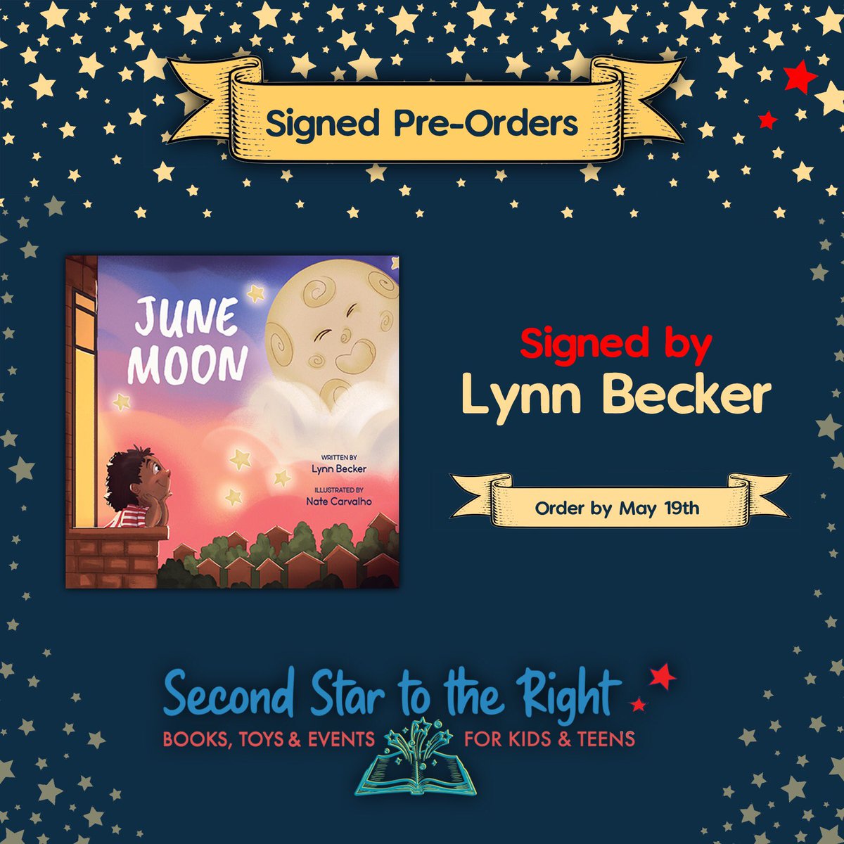 My new board book is almost here! Please consider preordering signed copies of June Moon, written by me and beautifully illustrated by Nate Carvalho, from fabulous indie bookstore Second Star to the Right in Denver. Many thanks! secondstartotherightbooks.com/book/978164170… @picturebookgold