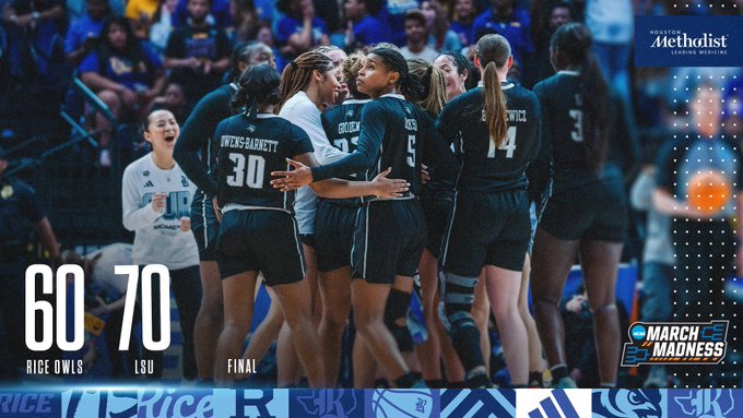 So proud of our @RiceWBB team for how well they represented themselves, our city and the #Rice community in the NCAA Tournament. It was a competitive game against #LSU. Thank you to all our community partners who encouraged our #RiceOwls today! #Marchmadness #Rice #Houston