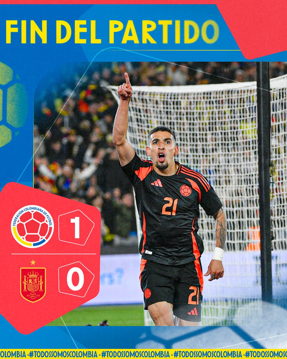 ¡Finaliza el partido! ¡Un triunfo más de la Selección Colombia! 💛💛💙❤️

Continúa el invicto🤩

🇨🇴 1-0 🇪🇸

#TodosSomosColombia🇨🇴