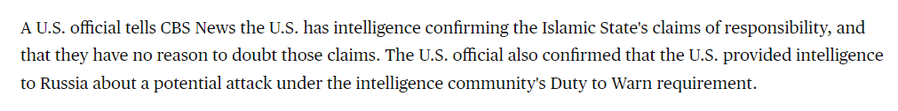 RALee85's tweet photo. "A U.S. official tells CBS News the U.S. has intelligence confirming the Islamic State's claims of responsibility, and that they have no reason to doubt those claims. The U.S. official also confirmed that the U.S. provided intelligence to Russia" 
https://t.co/JyUeGxof7x https://t.co/7CIEPvjNaX
