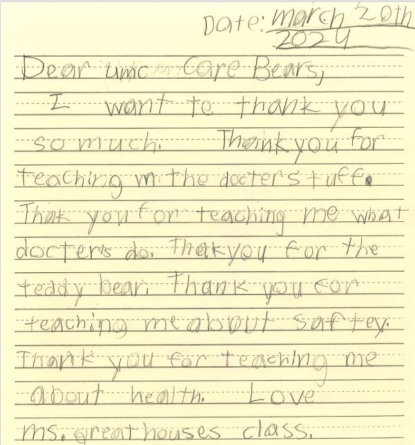 🧸💙Thank you beary much to the students at Scherkenbach Elementary for these thoughtful notes to our team members. UMC was proud to host teddy bear clinic this past Wednesday for students to expose them to different jobs in the health care industry through interactive play.