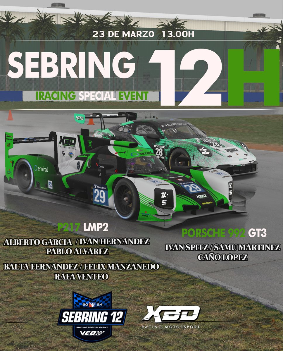 🌧️☔️Mañana tendremos a tres coches en pista en las #iracing12h de <a href="/sebringraceway/">Sebring International Raceway</a>

P217 formados por 👇
Team 1 <a href="/alberto_g85/">Alberto García</a> <a href="/hyperz_7/">Iván Hernandez</a> <a href="/Pabloalvarezreq/">Pablo</a> 
Team 2 <a href="/rahventt/">Rhafitta</a> <a href="/FMR2721993/">felisiin93</a> <a href="/XbdBalta1987/">BALTA FERNÁNDEZ</a> 

GT3 Porsche
<a href="/canho25/">CANHO25</a> <a href="/Ispitz92/">ispitzᅠᅠᅠᅠᅠᅠᅠᅠᅠᅠᅠᅠᅠᅠᅠᅠᅠᅠᅠᅠᅠᅠᅠᅠᅠᅠᅠᅠᅠᅠᅠᅠᅠᅠ</a> <a href="/SamuMartinez53/">SamuMartinez</a> 

¡Suerte chicos! #GreenPower #GoXBD