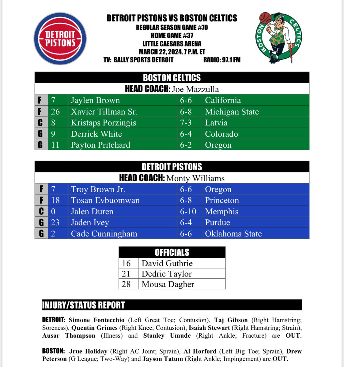 The starting lineups for tonight’s game between the @DetroitPistons and Boston Celtics: