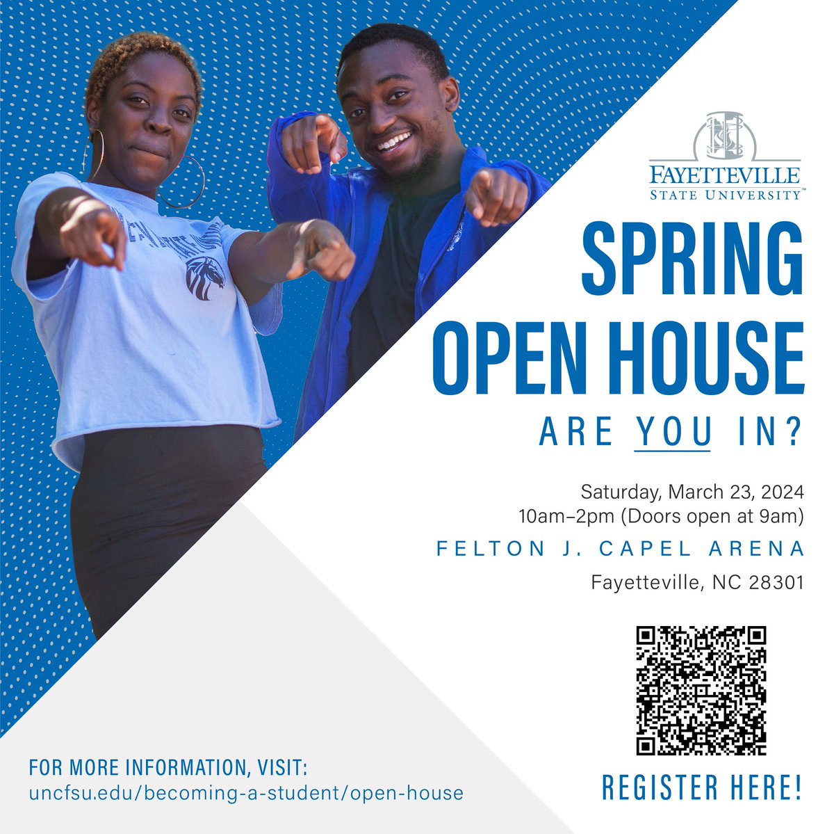 It’s a great time to become a Bronco! Experience being a part of the Bronco family March 23rd at Spring Open House ... Are You In? 🐴 💙 🤍 Register Here! - bit.ly/3x8fsDy #FayState #HBCU #AreYouIn #SpringOpenHouse @FSU_Admissions