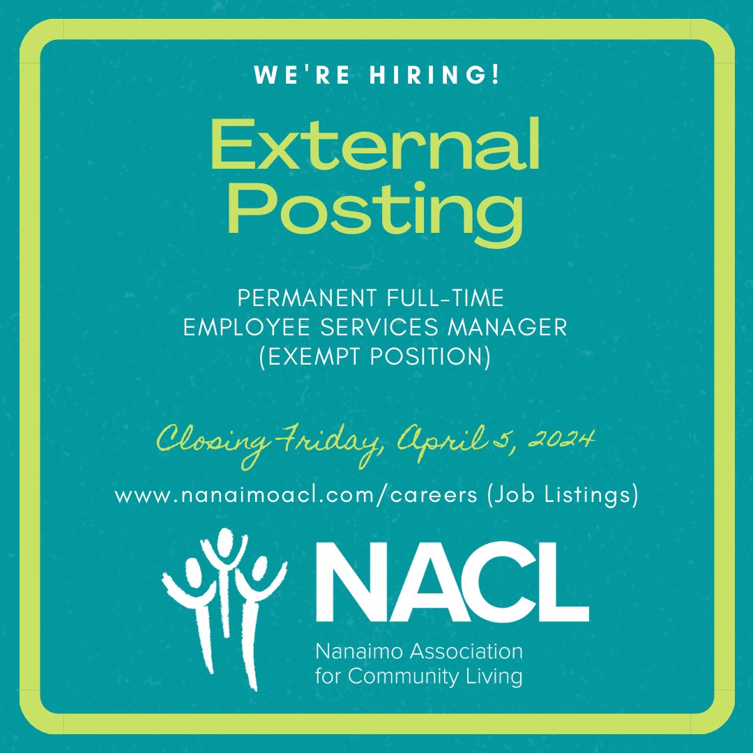🚨POSTING ALERT🚨 How’s this for a unique opportunity? Our #AdminTeam needs a permanent full-time #EmployeeServicesManager! For the job description/details about the position, visit nanaimoacl.com/careers and please apply if interested! 😍👍 #NACLCareers #WorkWithUs #JoinOurTeam