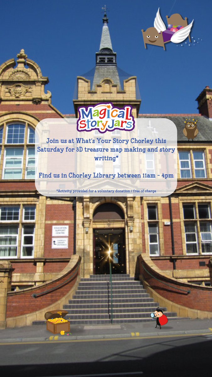 MagicalStoryJar's tweet photo. Weโre running free 3D treasure map making and quest story writing using our adventure story jars this Saturday 11am-4pm as a part of #WhatsYourStoryChorley festival of words. See you there story makers! ๐บ๏ธโจ๐ @LancsLibraries #kidlitfest #chorley https://t.co/TzG4Au9OVP