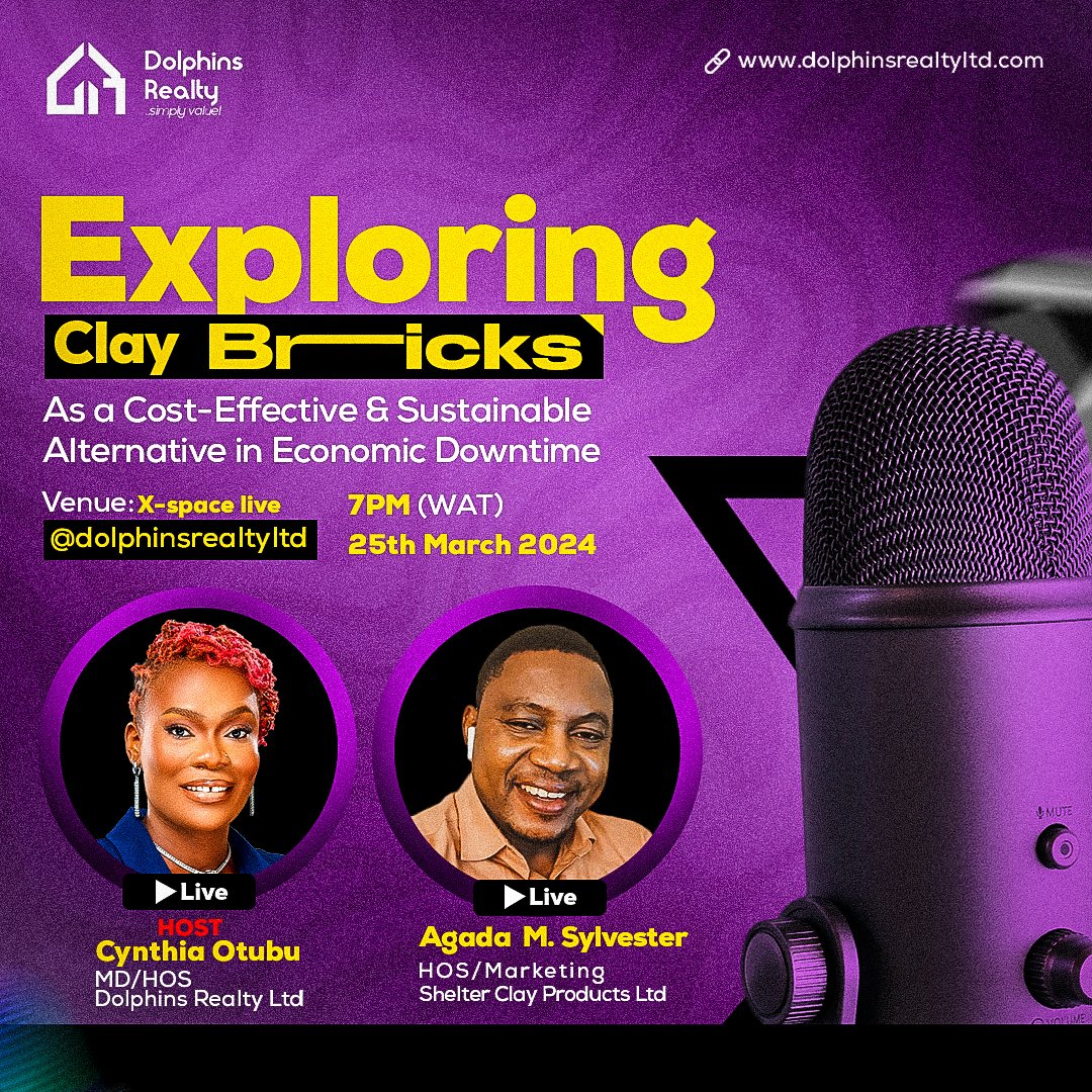 Dolphinsrealty2's tweet photo. Join us for an enlightening evening at the X Space Event: Exploring Clay Bricks as a Cost-Effective and Sustainable Alternative in Economic Downtime.

#dolphinsrealtyltd #realestateinvesting #realestatetips https://t.co/zyCnwZur0l