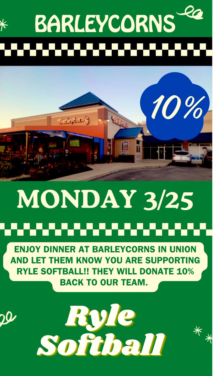 Ryle HS Softball (@rylesoftball) on Twitter photo Need dinner plans Monday? Come out and support Ryle Raiders 🥎 at the Union Barleycorns location. Please tell them you are there to support Ryle 🥎 and 10% will be donated to our program! <a href="/RyleSportsMed/">Ryle Sports Med</a> <a href="/RAIDERSPORTSNKY/">Raider Sports Network</a> <a href="/MattRShafer/">Matt Shafer</a> <a href="/MBOdom10/">Mary Beth Odom</a> <a href="/Jschu1313/">Jason Schuster</a> <a href="/SuptTurner/">Matt Turner</a> <a href="/Linknky/">LINK nky</a> Need dinner plans Monday? Come out and support Ryle Raiders 🥎 at the Union Barleycorns location. Please tell them you are there to support Ryle 🥎 and 10% will be donated to our program! <a href="/RyleSportsMed/">Ryle Sports Med</a> <a href="/RAIDERSPORTSNKY/">Raider Sports Network</a> <a href="/MattRShafer/">Matt Shafer</a> <a href="/MBOdom10/">Mary Beth Odom</a> <a href="/Jschu1313/">Jason Schuster</a> <a href="/SuptTurner/">Matt Turner</a> <a href="/Linknky/">LINK nky</a>