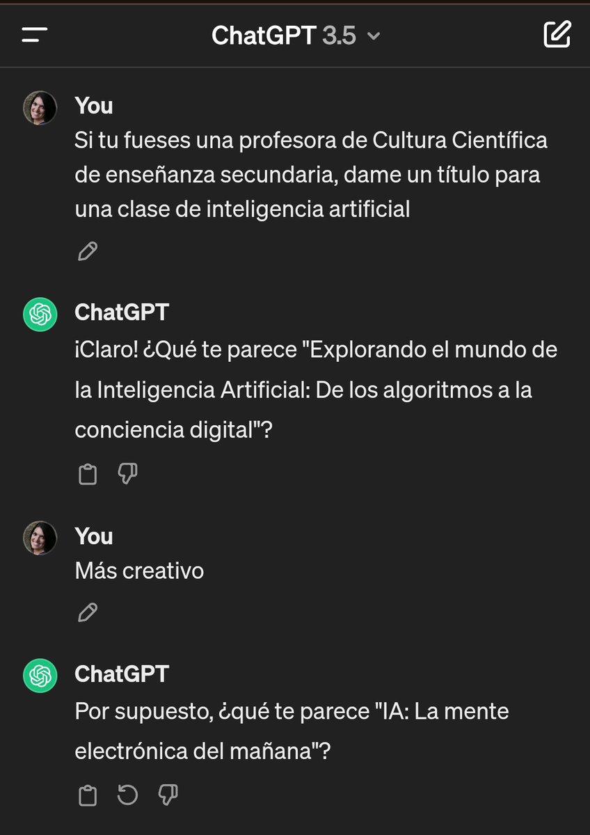 'Explorando el mundo d la #IA:d los algoritmos a la conciencia digital'.Este es el título del nuevo proyecto #ABP con el q arranco este trimestre en#4ESO #CulturaCientífica @proyectocartama creado a partir d @ChatGPTapp @OpenAI,pues para hablar d #IA hay q meterse d lleno en ella