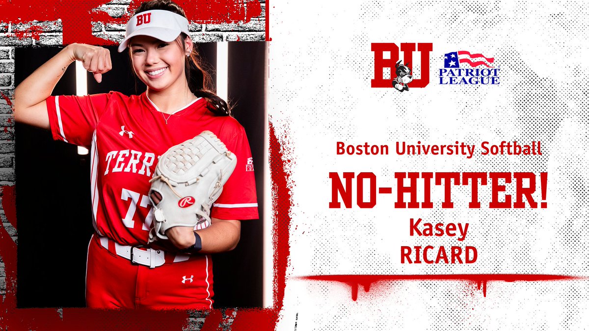 🙌 @kasey_ricard on earning her third no-hitter of the season, marking the most by a Terrier in 15 years‼️ She's now accomplished the feat against two different #PatriotSB squads in her career. #GoBU #DawgsEat #NCAASoftball #nohitter