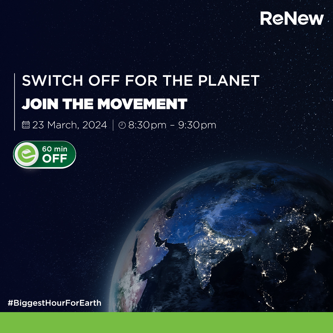 All of us play a role in safeguarding Earth’s resources. At 8:30 p.m. tonight, turn off the lights for 60 minutes. Let’s create the biggest hour for Earth! @earthhour @World_Wildlife #ReNew4India #EarthHour #EarthHour2024 #BiggestHourForEarth