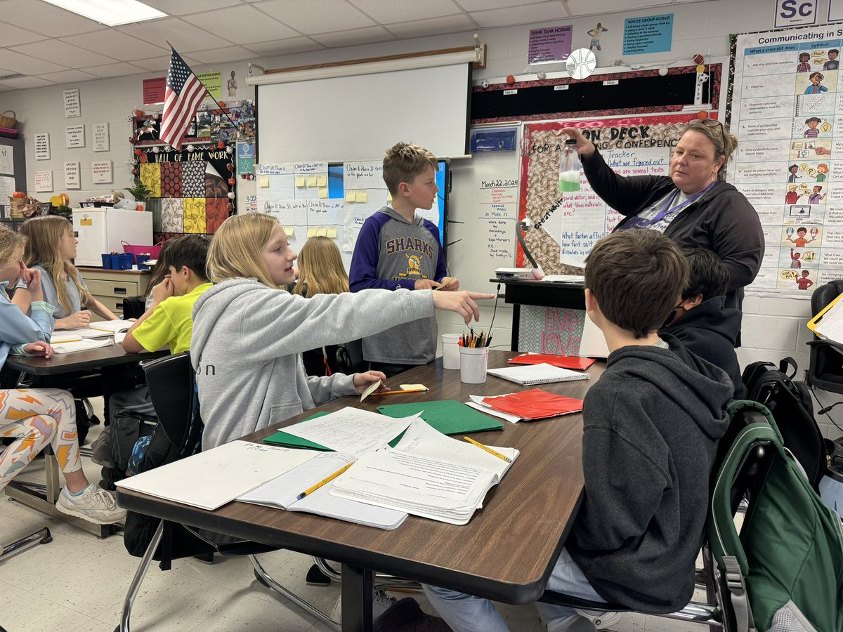 Student discourse was abundant in 5th grade today. Ss determined intervals on a number line using place value patterns in math. In science class, Ss were in deep discussion of evidence to support or dispute a claim about a mystery pollutant in a sample of water. #StopherThrives