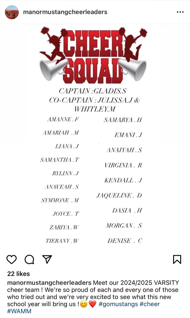 ManorCheer's tweet image. We are very excited to introduce our 2024-2025 Varsity Cheer Team!!! We can’t wait to see what next year has in store and we are very proud of every single one of yall ❤️🖤 #cheer #manormustangs