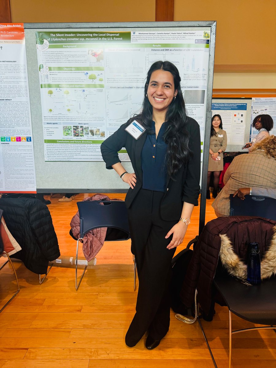mankanwalgoraya's tweet photo. Thrilled to present my first Ph.D. research poster at PSU graduate exhibition, focusing on beech leaf nematodes' local transmission! Immense gratitude to my advisor @MihailKantor and @GradSchoolPSU for the opportunity. Onward and upward! #ResearchJourney #PhDLife https://t.co/wKMWGZh1YH