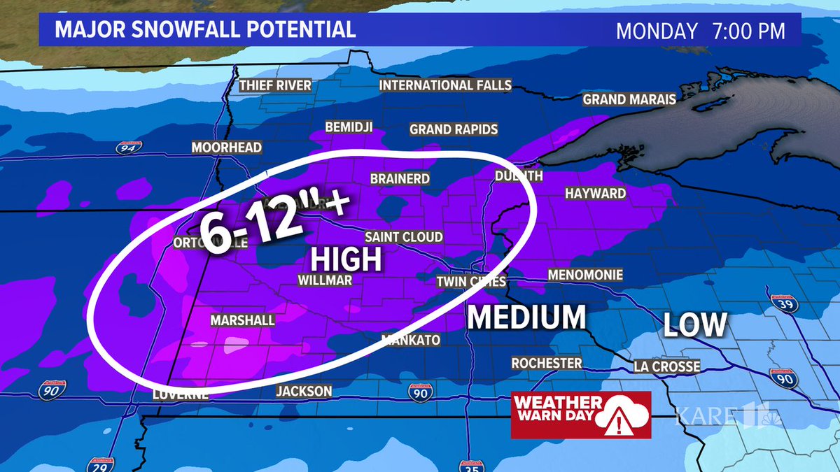 There is greater confidence (brighter color) of heavy snow in west-central and southwest MN. The Twin Cities has a chance of 6' of snow by late Sunday, but the timing of the transition to rain on Monday significantly impacts the final snow totals in the Metro area. #mnwx #kare11