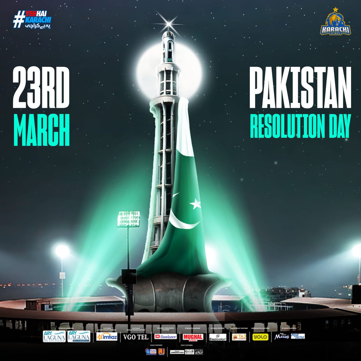 Celebrating the historic Pakistan Resolution with pride 🇵🇰 Happy Pakistan Day. Let's honor the visionaries who paved the way for our freedom and unity 🙌 #PakistanResolutionDay | #YehHaiKarachi | #KarachiKings