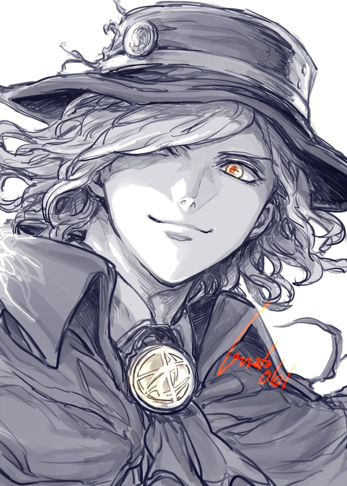 edmond dantes (fate) solo looking at viewer smile simple background white background 1boy hat  illustration images