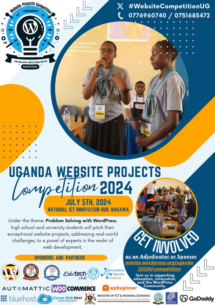 Slated for 5/7/24, at the @InnovationHubUg, the #WebsiteCompetitionUG is a platform for students, @ictteachersug and Website Developers from the @WordPress Community, to pitch & share best practices, fostering innovation and #ProblemSolving. Get Involved: events.wordpress.org/uganda/2024/co….