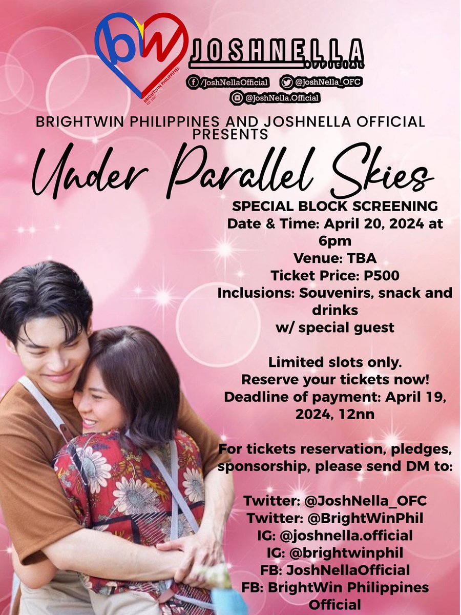 Hi JoshNellas & BrightWins! We are inviting you on our special block screening to support our Janella Salvador on her #UnderParallelSkies Movie in collaboration with @BrightWinPhil . Reserve your tickets now 👇🏻👇🏻👇🏻 tinyurl.com/UPS-JNBW