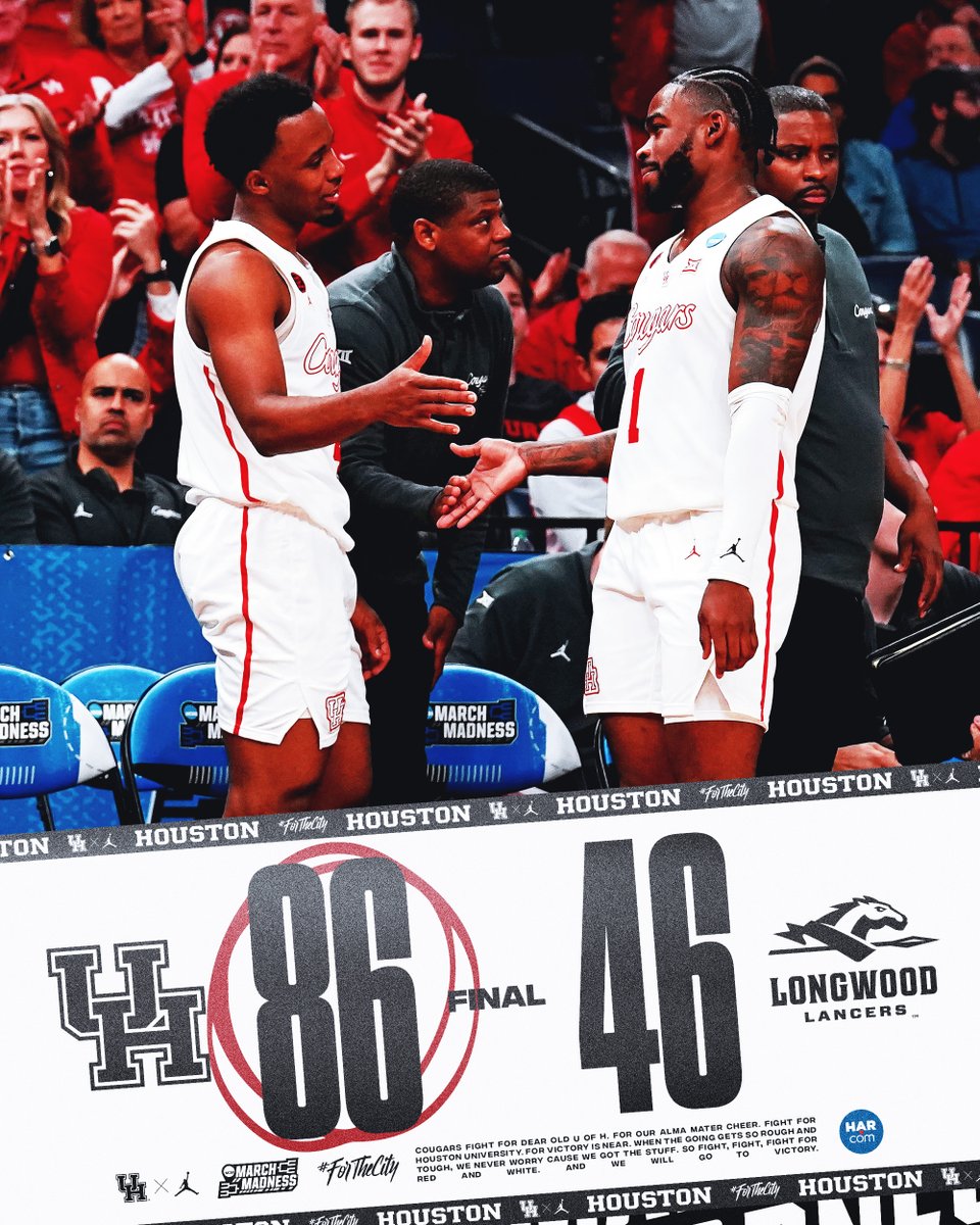 COOGS WIN! presented by @HARMembers On the Round of 32! @LjCryer | 17 pts | 3 rebs | 2 asts @Dam1anKD | 17 pts | 3 rebs @emanuelsharp_ | 13 pts @Thejshead | 11 pts | 3 rebs | 9 asts #ForTheCity x #GoCoogs NEXT – vs (9) Texas A&M, TBA SUNDAY, Memphis, Tenn