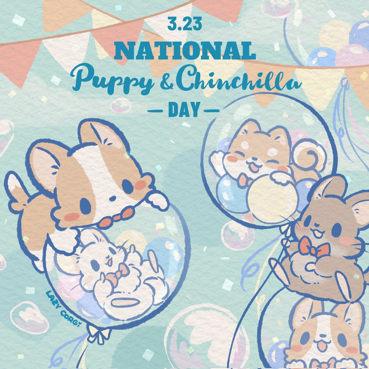 Happy National Puppy & Chinchilla Day~🎉 #corgi #puppy #chinchilla #illustration #コーギー #パピー #チンチラ #イラスト